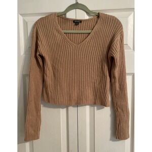 Wild fable Tan Gold Knit Cropped Sweater Top V Neck Woman's Size XS Casual Shirt